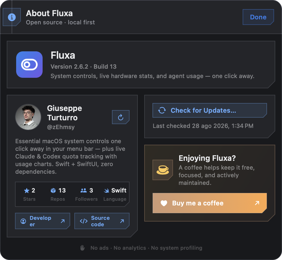Fluxa About page with version, updates, GitHub details and support link