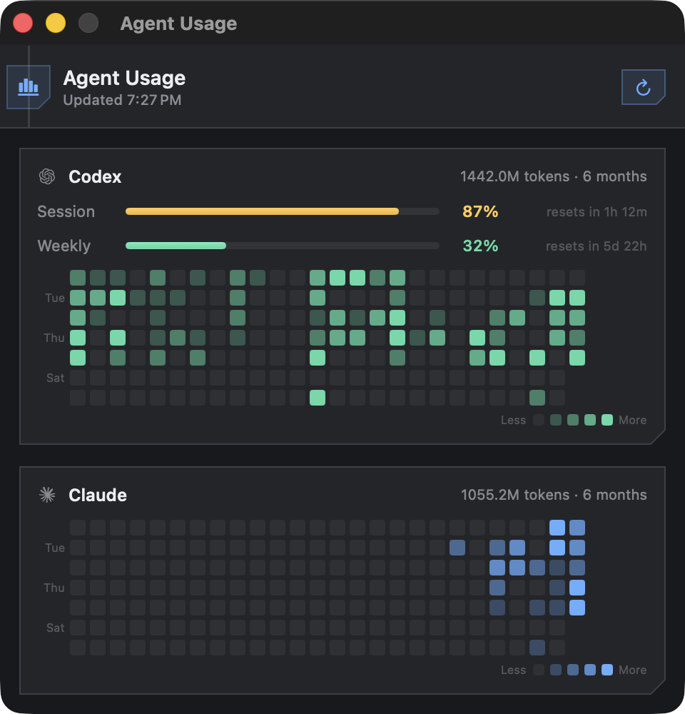 Agent Usage window with Codex and Claude quota meters and daily token contribution grids