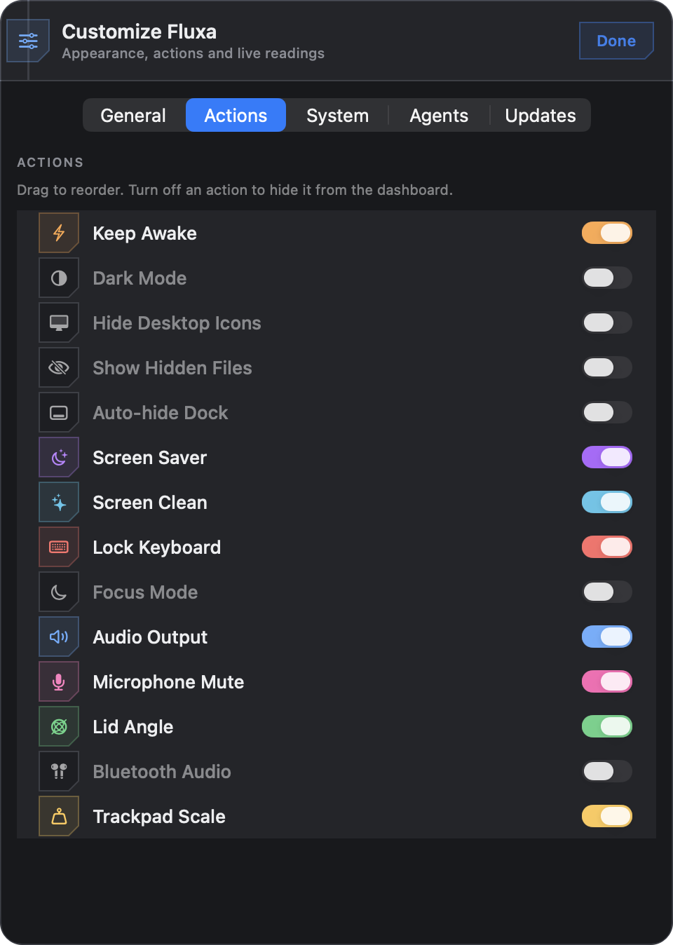 Customize Actions tab with per-action visibility switches and drag reordering