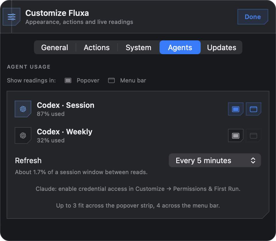 Customize Agents tab with quota windows, refresh interval and Claude permission guidance