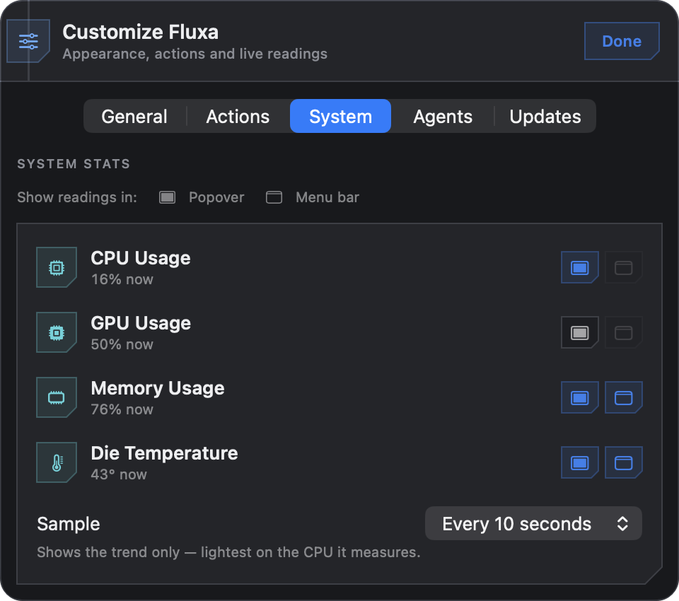 Customize System tab with hardware readings, destinations and sampling interval