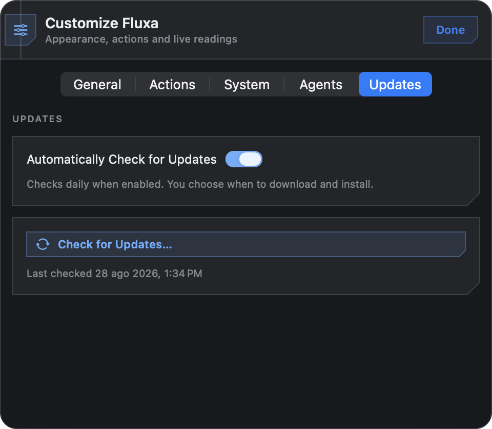 Customize Updates tab with automatic-check preference and manual update button