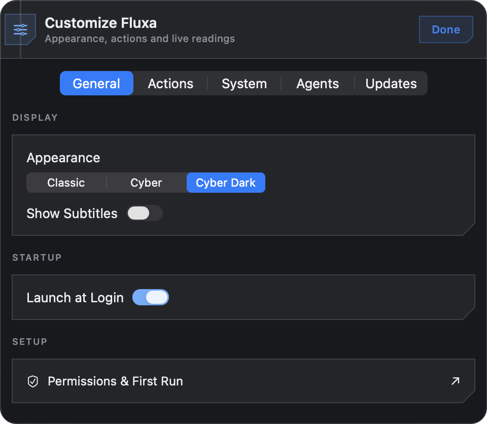 Customize General tab with appearance, startup and permissions controls