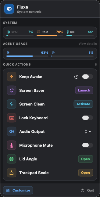 Fluxa menu-bar panel with system readings and quick actions