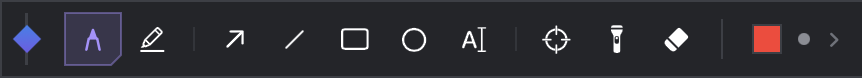 The Screen Draw toolbar tools: pen, highlighter, arrow, line, rectangle, ellipse, text, laser, spotlight and eraser, followed by the current ink color